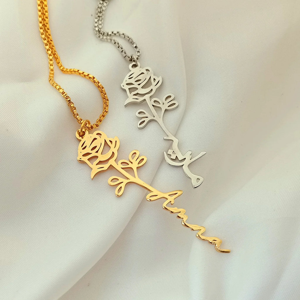 Birth Flower Script Personalized Name Necklace