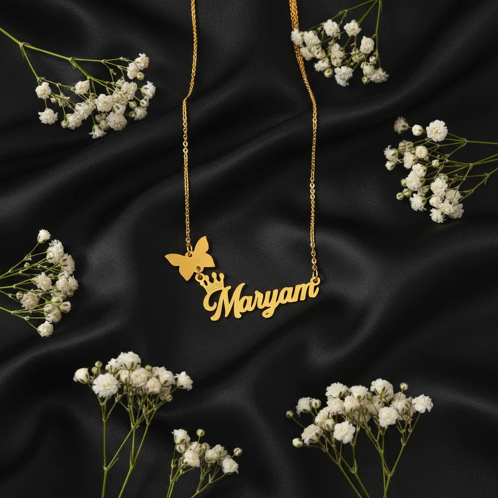 Crown Butterfly Charm Script Personalized Name Necklace