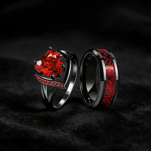 18K PVD Gold Zircon Heart Couple Promise Ring | Waterproof